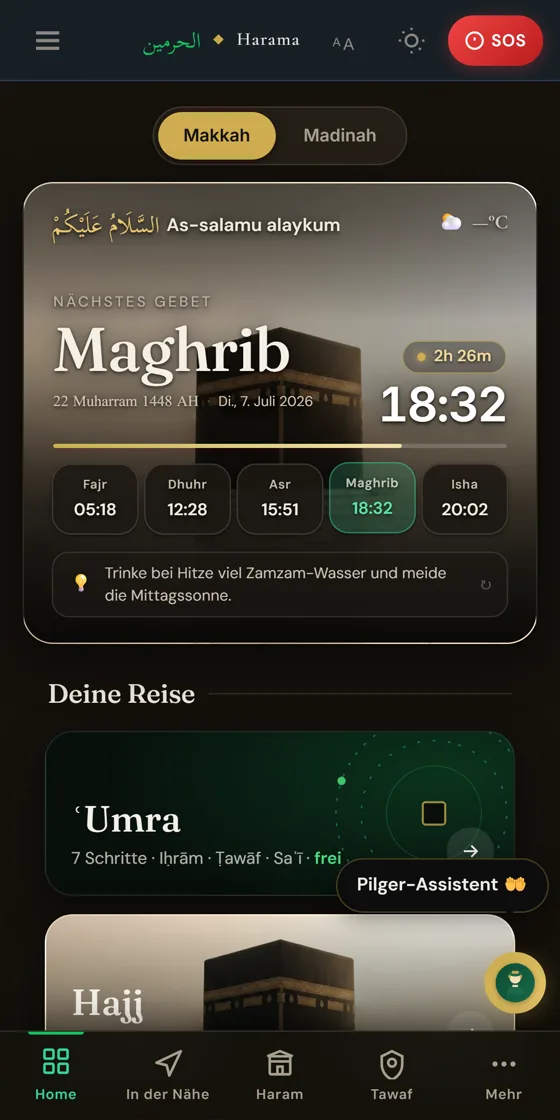 Startbildschirm der App: nächstes Gebet Maghrib mit Countdown, alle fünf Gebetszeiten, Hitzehinweis und die Kachel ʿUmra