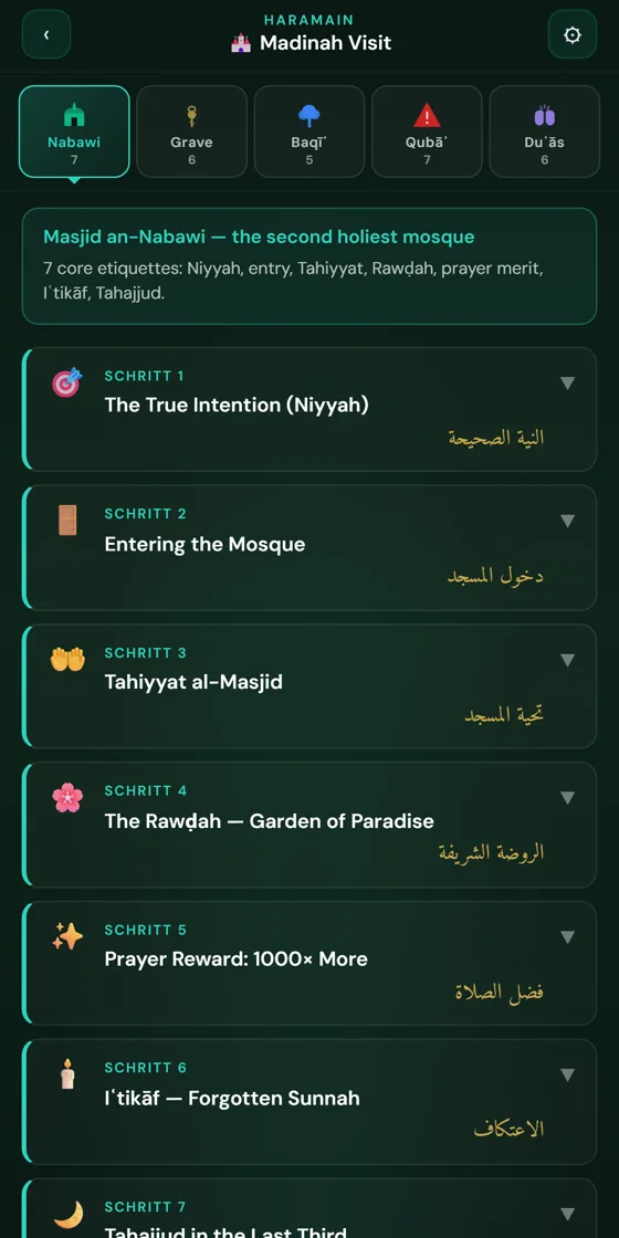 Madīna-Besuch in der App: Reiter für Nabawī, Grab, Baqīʿ, Qubāʾ und Duʿāʾs, darunter die Schritte von der Niyya bis zum Tahadschdschud