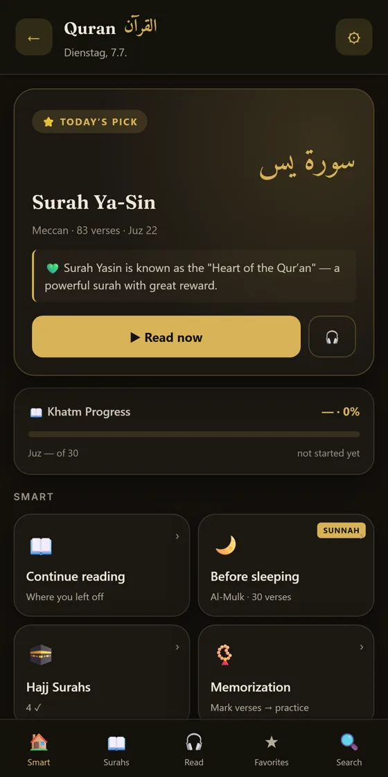 Quran-Ansicht der App mit arabischem Text und Übersetzung