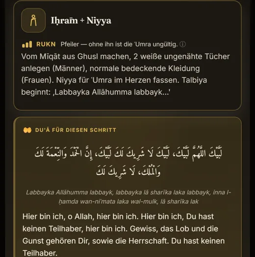Erster ʿUmra-Schritt in der App: Iḥrām und Niyya, als Rukn gekennzeichnet, darunter die Talbiya mit Umschrift, Übersetzung und Quellenangabe