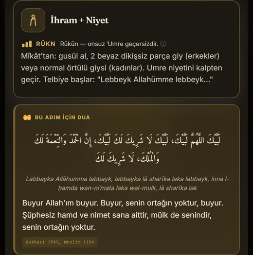 Derselbe ʿUmra-Schritt in der App auf Türkisch: İhram + Niyet, gekennzeichnet als Rükn